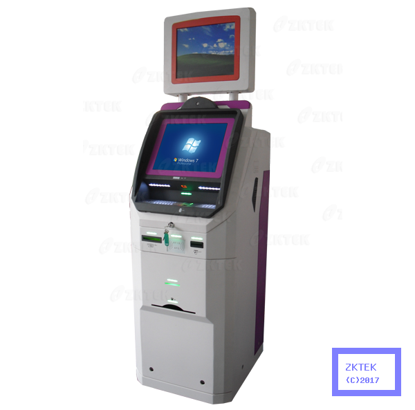 AD16 dusal screen selfservice touchscreen payment kiosk with card dispenser, bank card reader, cash validator and ticket printer